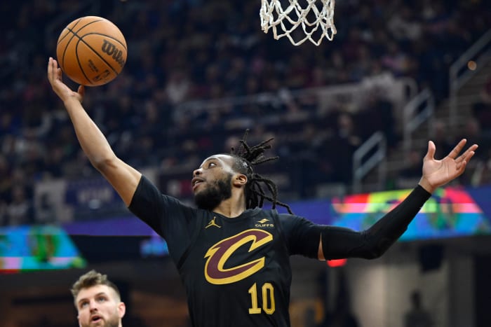 Mar 3, 2024; Cleveland, Ohio, USA; Cleveland Cavaliers guard Darius Garland (10) rebounds in the second quarter against the New York Knicks at Rocket Mortgage FieldHouse. Mandatory Credit: David Richard-USA TODAY Sports